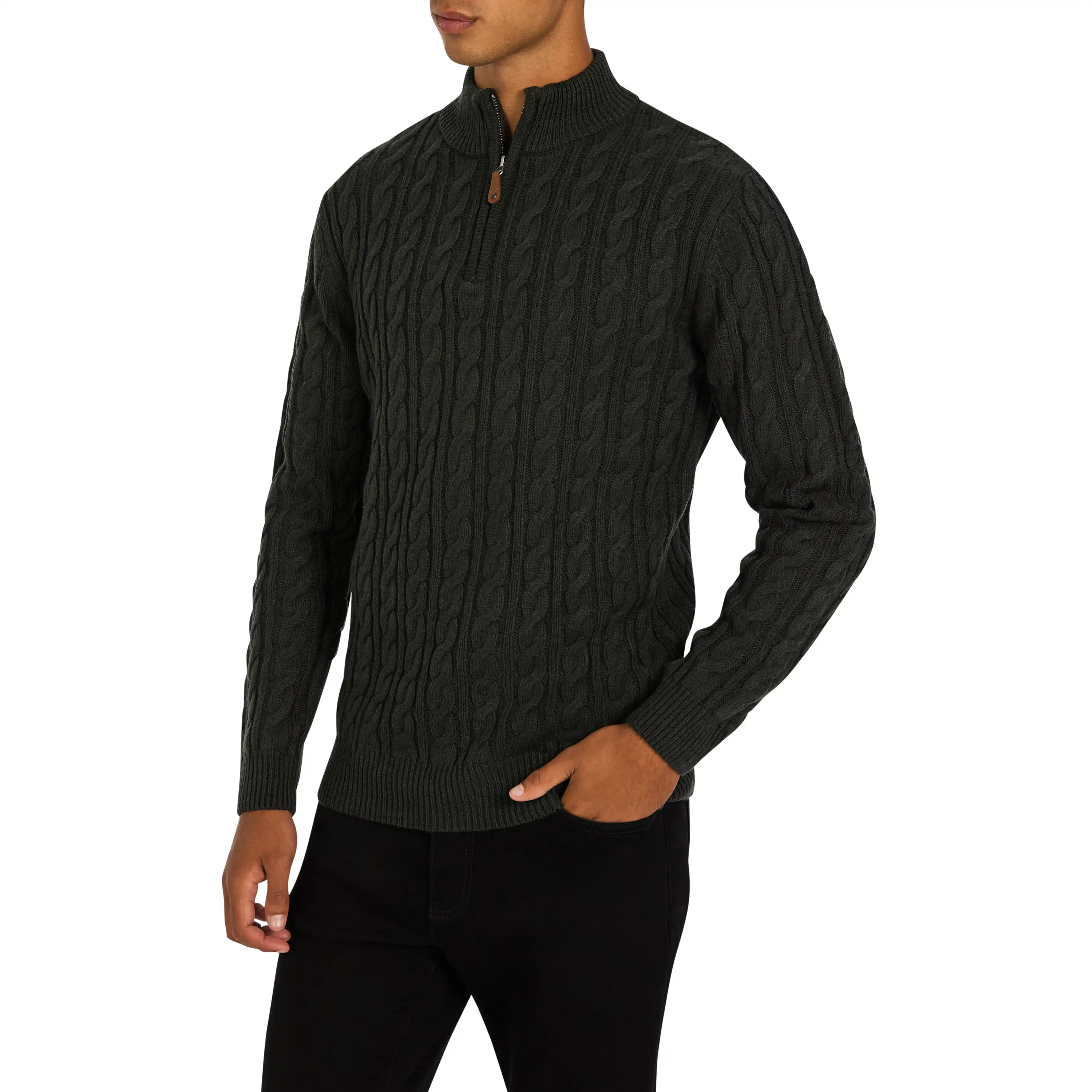 Dark Green Montgomery Cable Quarter Zip Knit - Dark Green