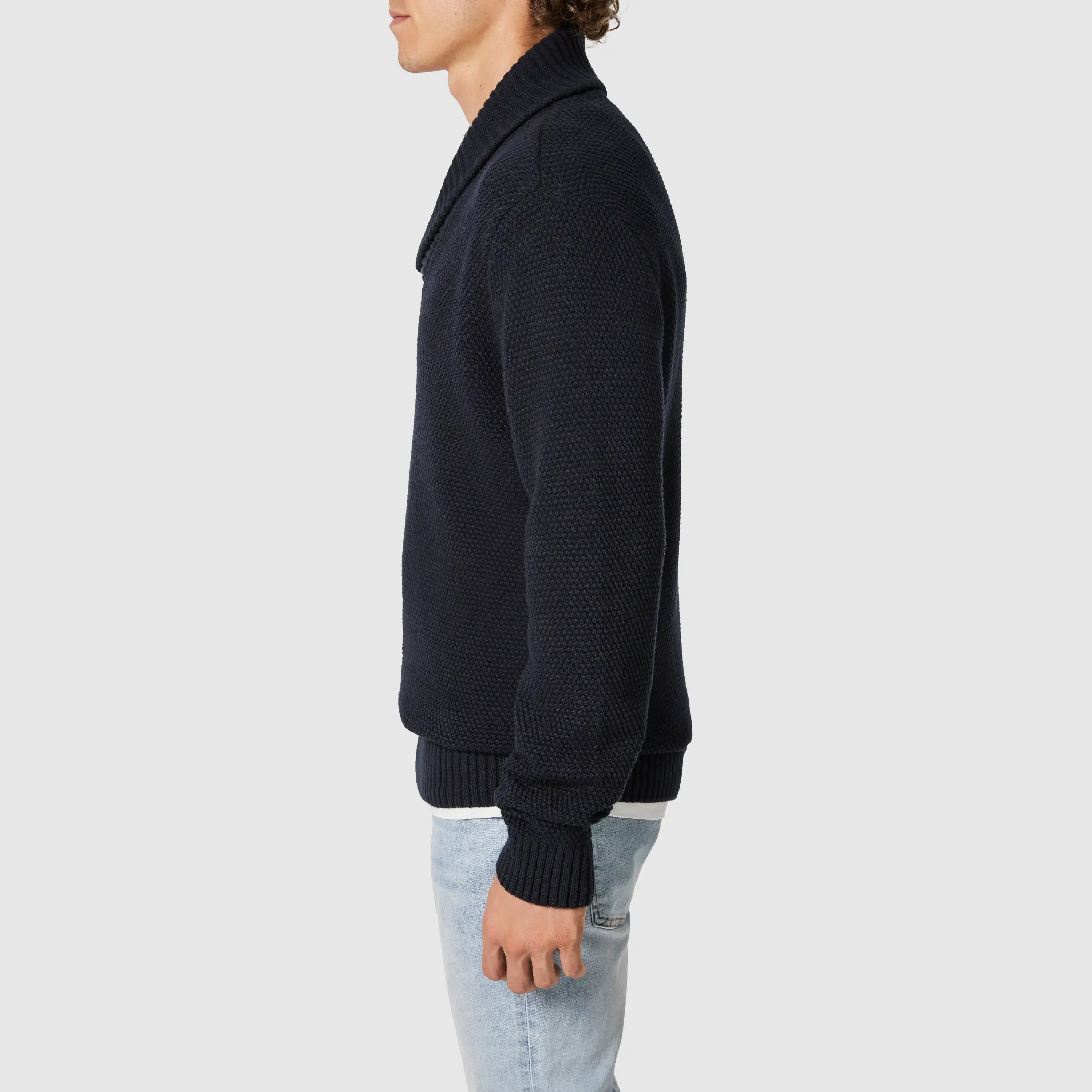 Navy Padstow Shawl Neck Knit - Navy